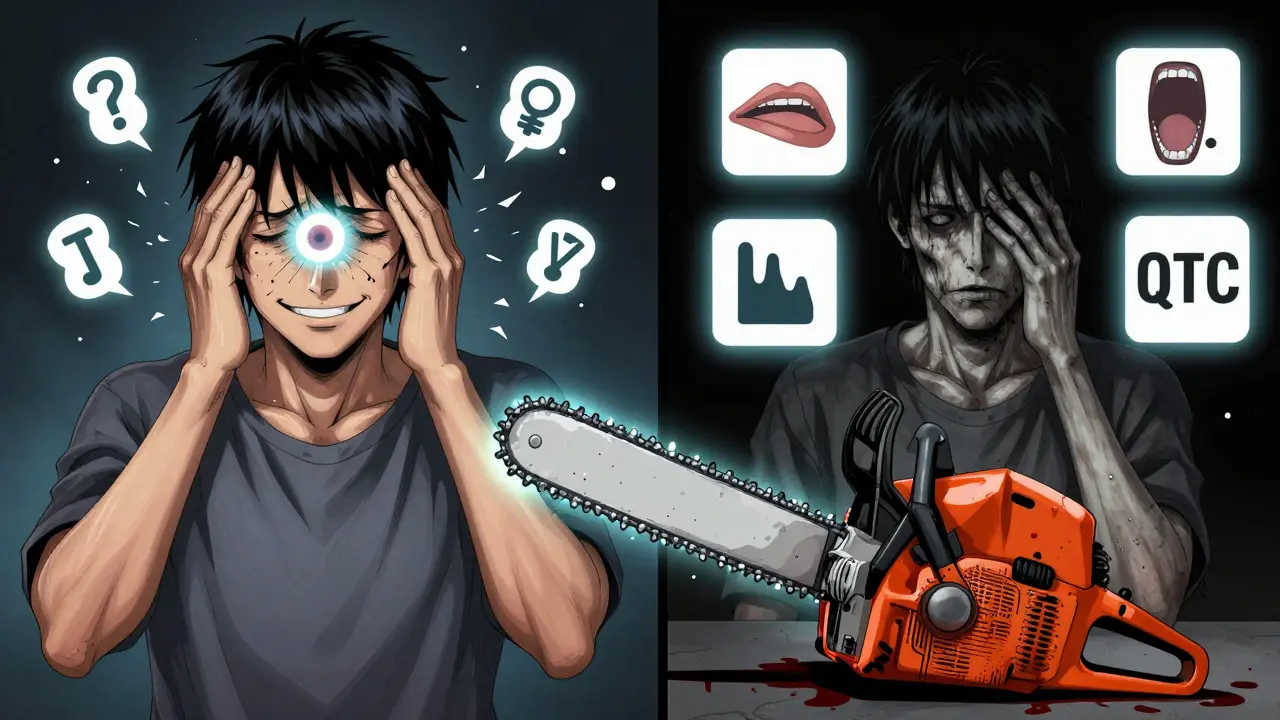 Split scene: one side shows migraine relief, the other shows TCA side effects — a chainsaw symbolizes the drug's power and risk.