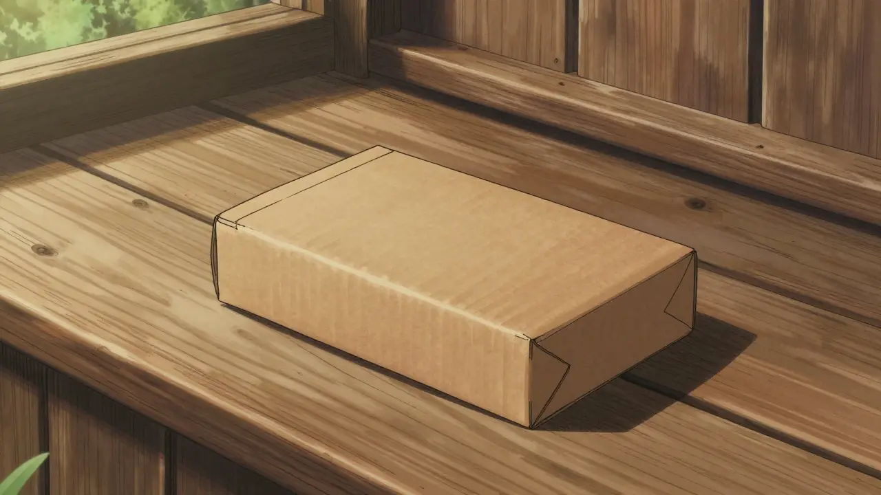 A discreet pharmacy delivery package on a porch in Gekiga style.