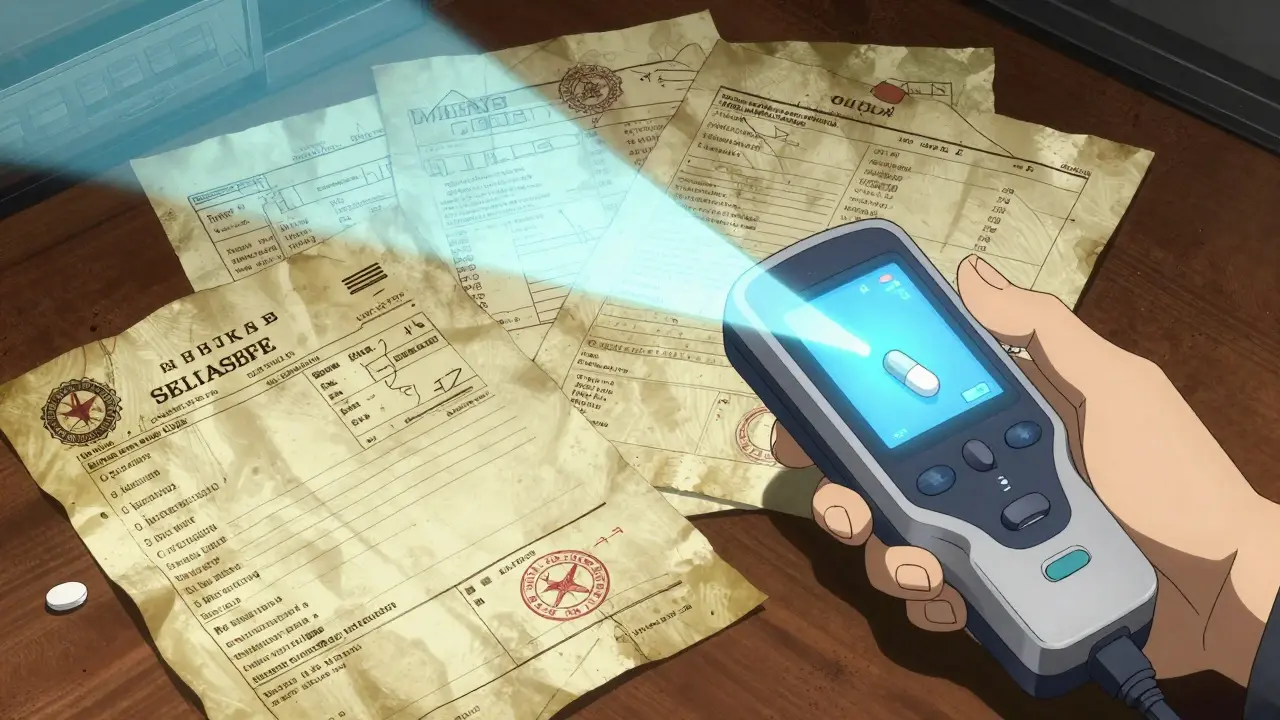 A handheld spectral analysis device scanning a pill next to old paper invoices.