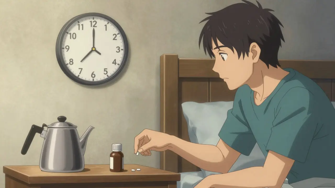 A person practicing a timed gap between taking medication and drinking coffee in a detailed anime style.
