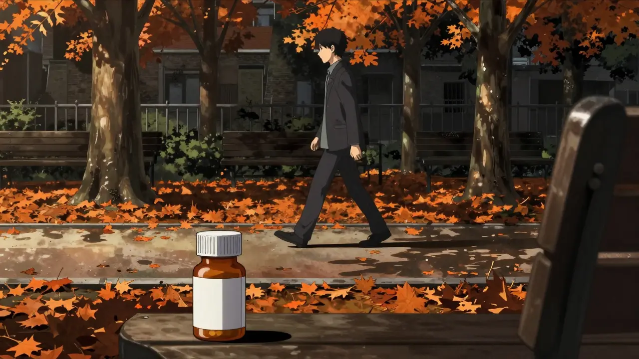 A person walking in a park with a medication bottle on a bench, representing a healthy lifestyle.