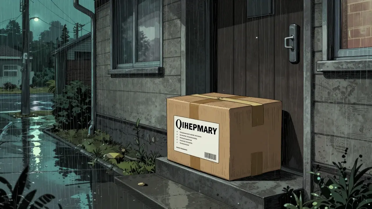 A pharmacy delivery package on a rainy doorstep in a cinematic anime style.