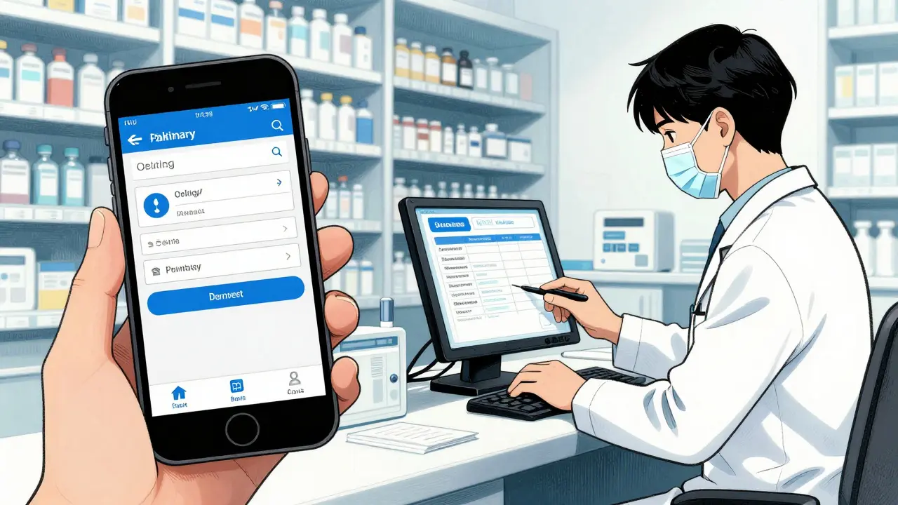 A split scene showing a smartphone pharmacy app and a professional pharmacist verifying a prescription.