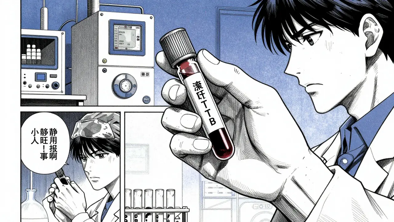 Close-up of a blood sample vial in a laboratory with detailed cross-hatching.