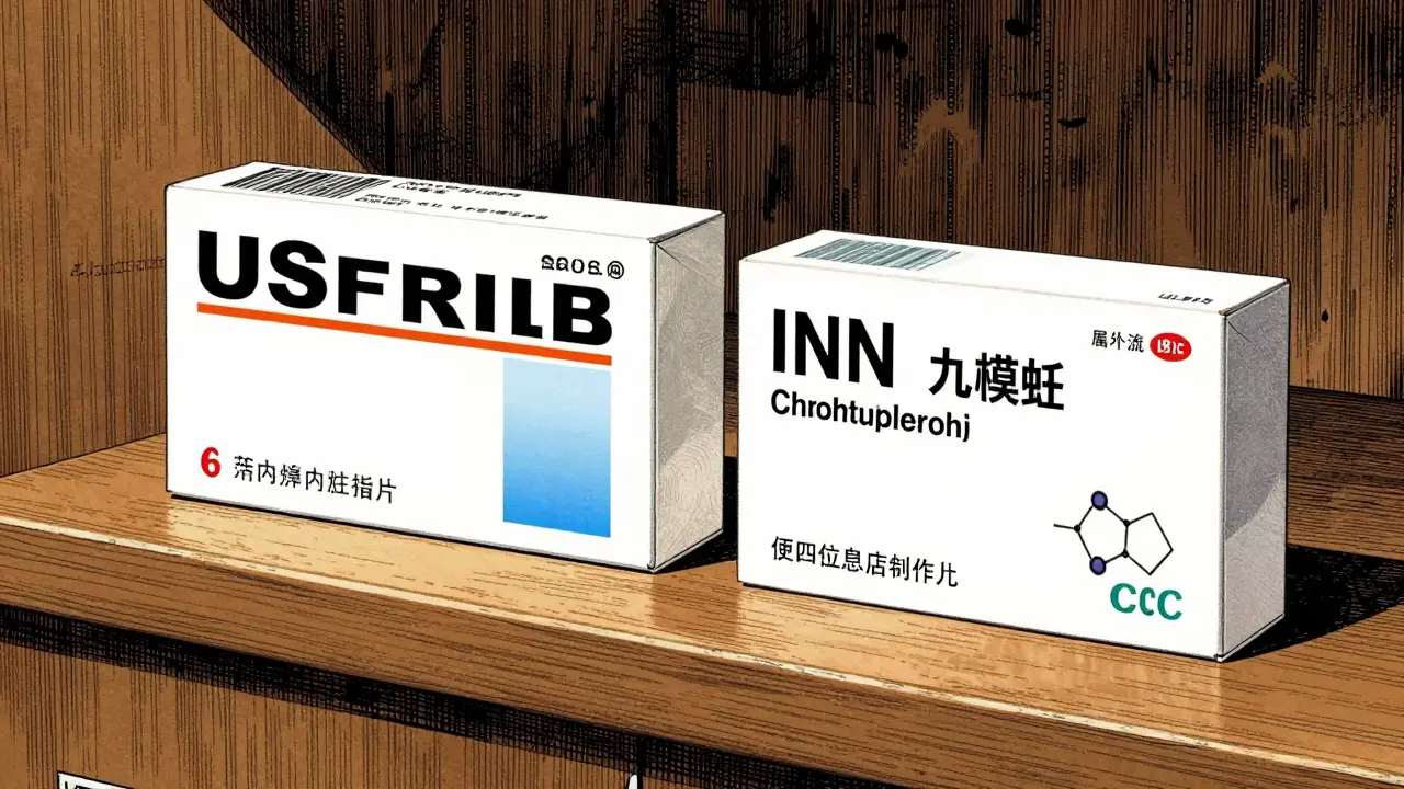 Close-up of a brand name drug and a generic drug on a pharmacy counter.