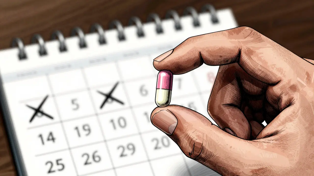 Close-up of a hand holding an antibiotic capsule next to a marked calendar