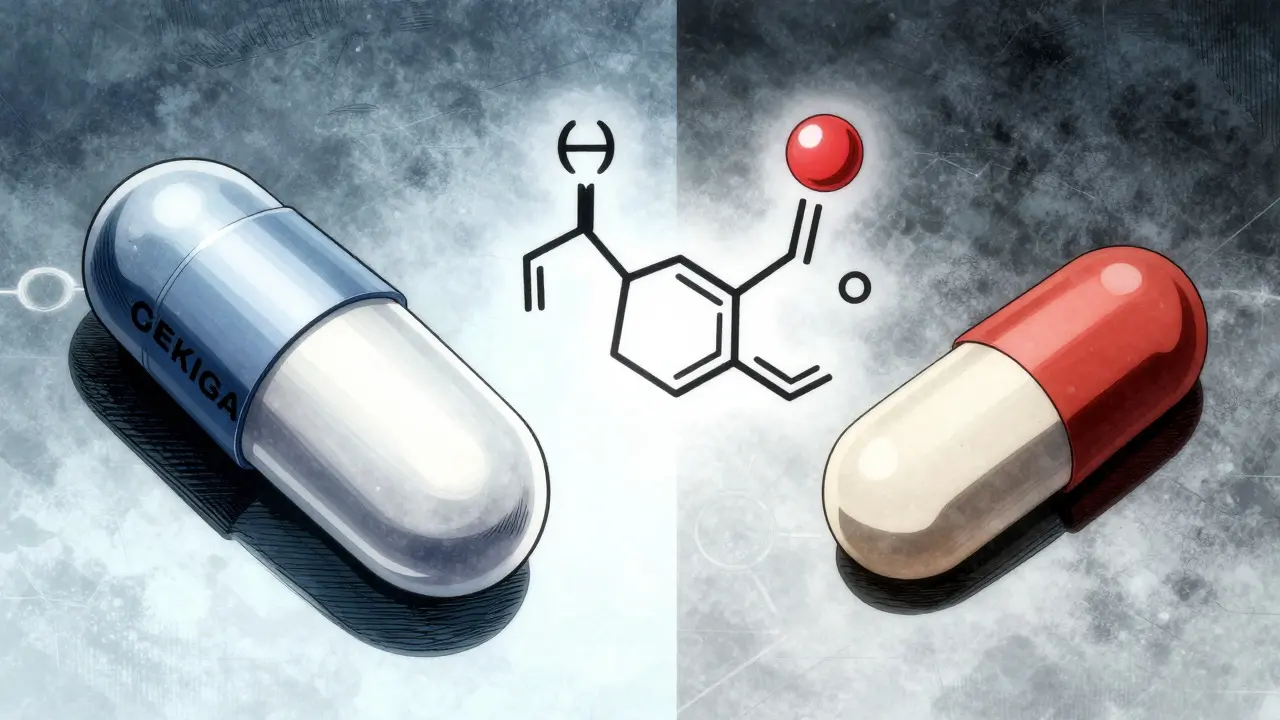 Comparison of a brand-name pill and a generic pill with a chemical structure between them
