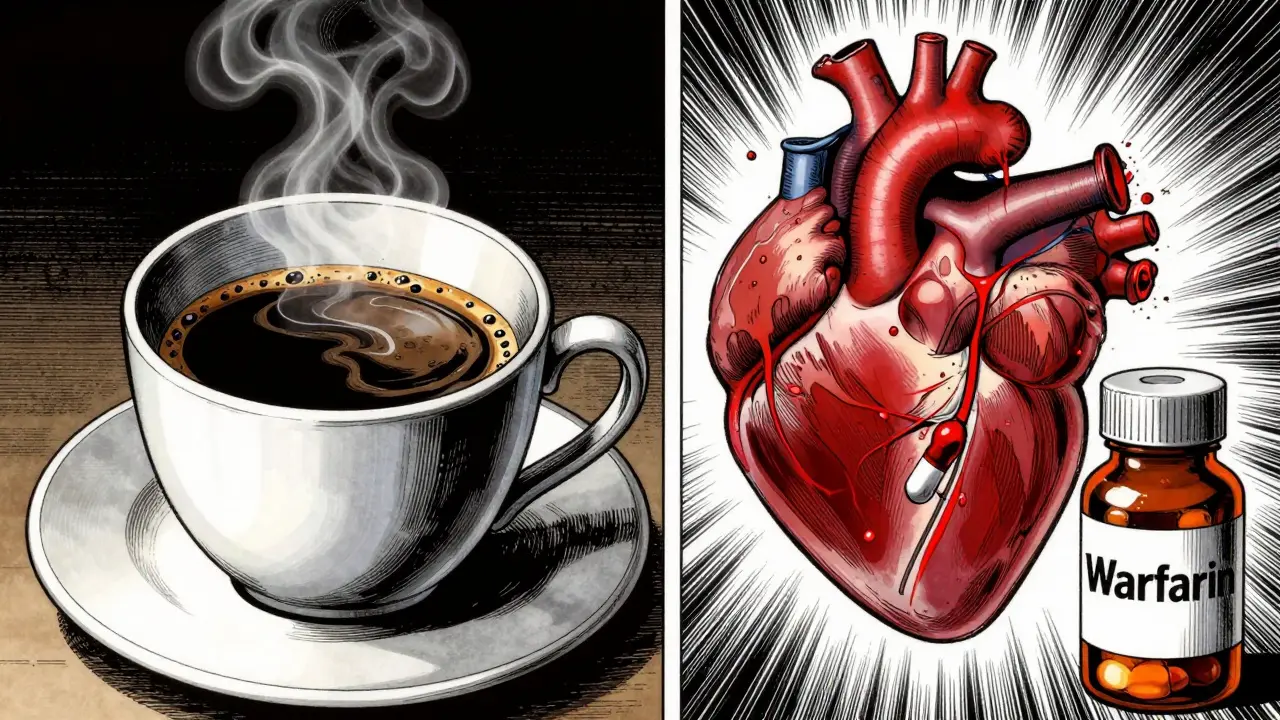 Dramatic split-screen showing coffee and medication highlighting heart and blood risks in manga style.