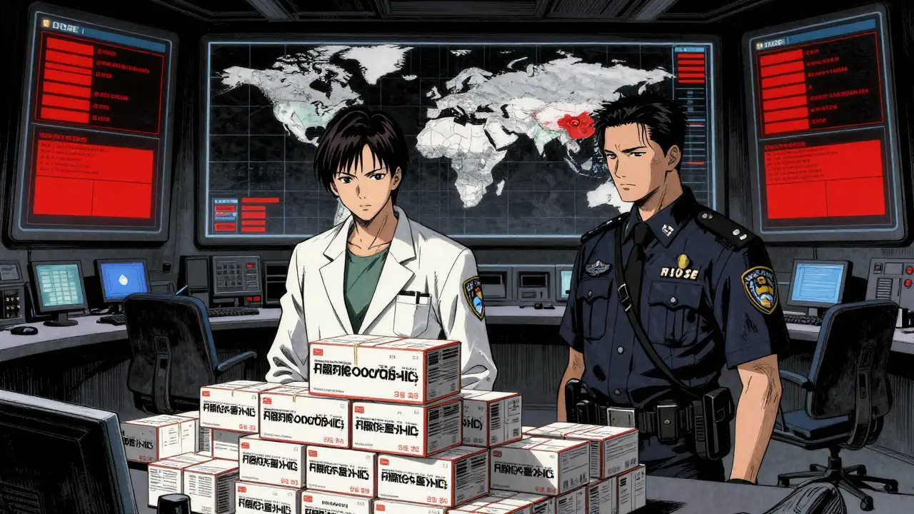 Global command center with maps and seized counterfeit medication boxes.