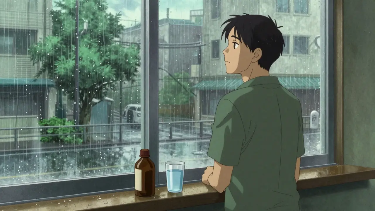 Person looking out a rainy window with a medication bottle on the sill