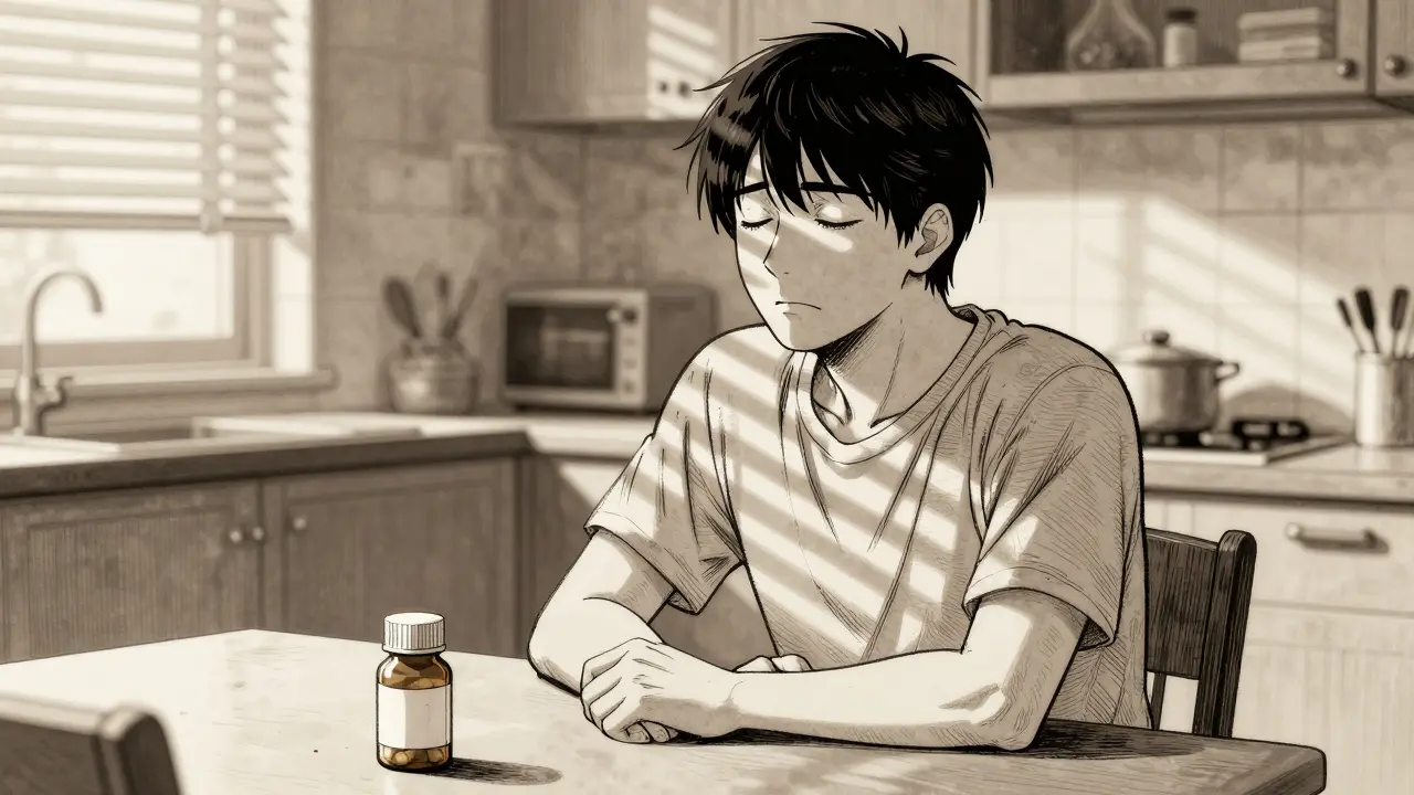 Relieved patient sitting quietly by morning window light