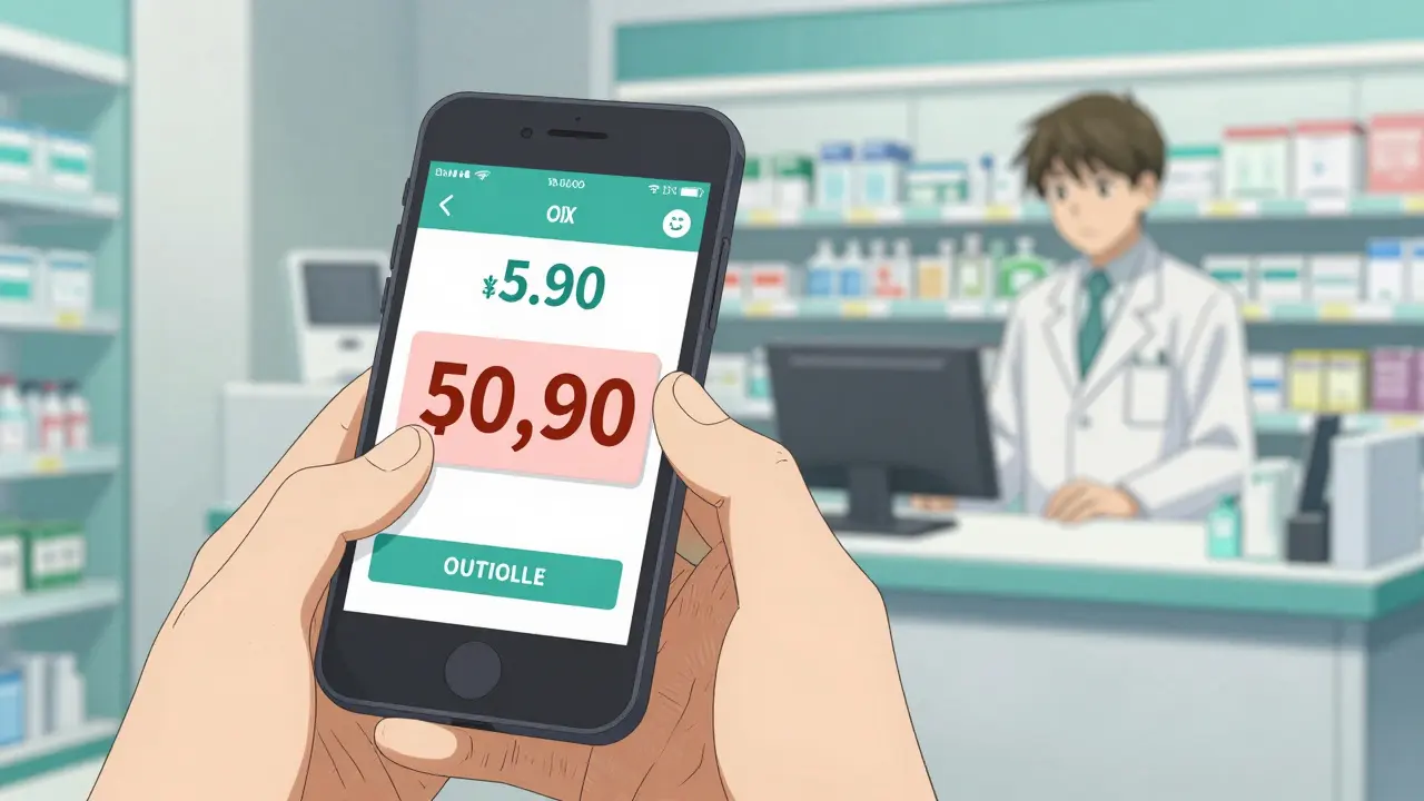Smartphone showing a pharmacy discount coupon next to a pharmacist