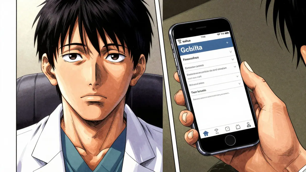 Split screen of a telehealth doctor and a digital health assessment in Gekiga style.