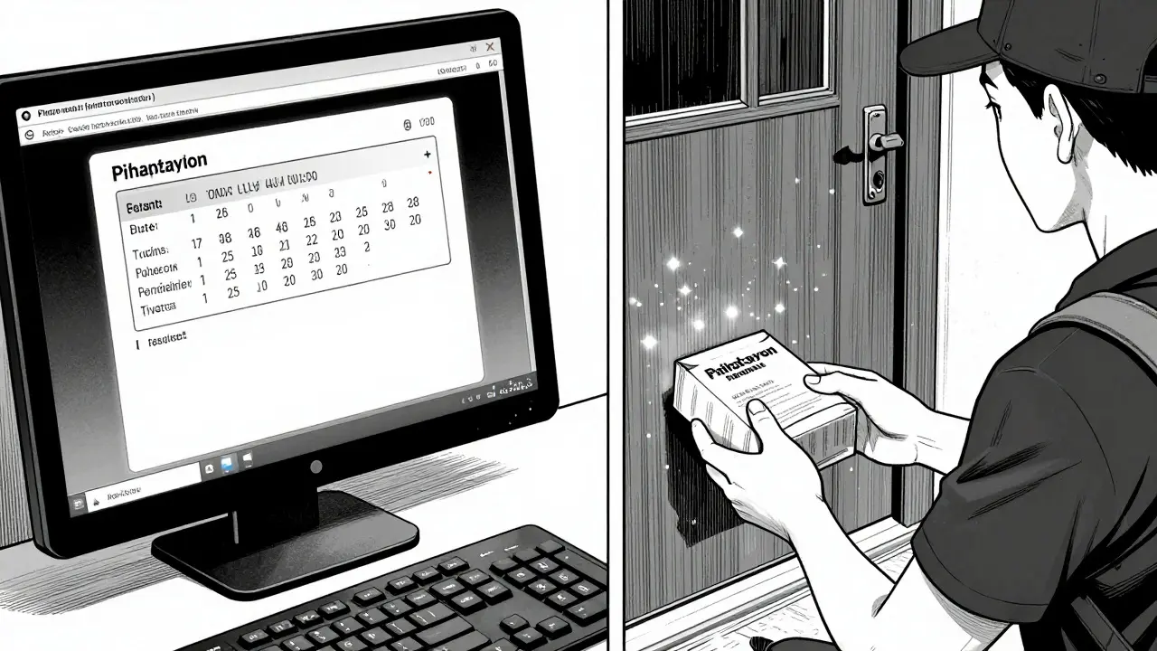 Split-screen showing a digital prescription being sent and a medicine package delivered