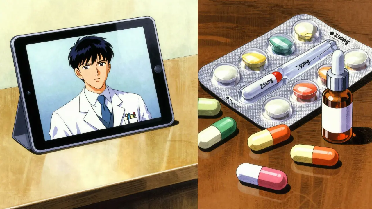 Split view of a telemedicine call and various antibiotic medication forms.