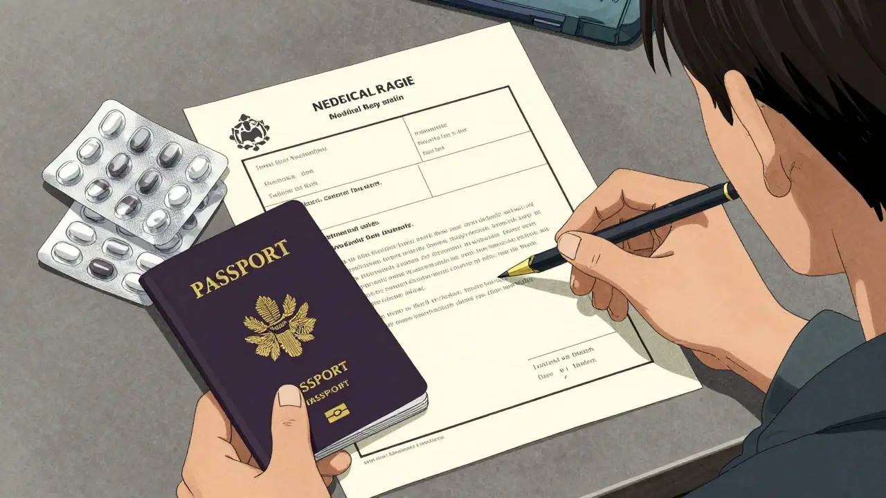 Traveler's passport and medical documents organized on a desk in Gekiga style.