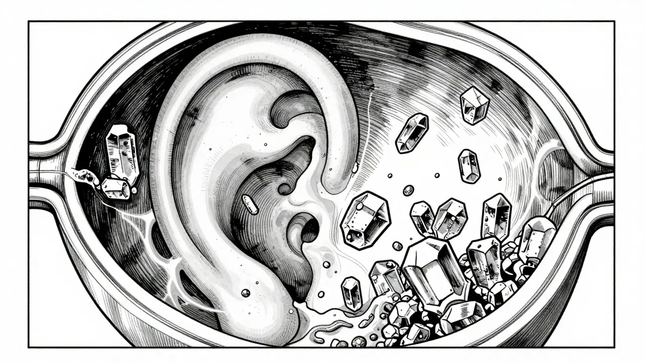 Abstract illustration of loose ear crystals disrupting balance fluids in bold ink style