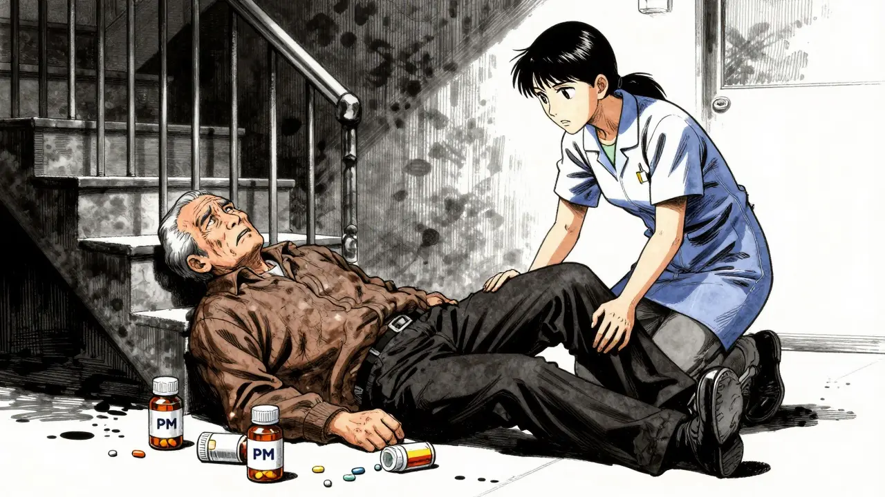 Caregiver tends to an elderly man who fell near stairs, surrounded by scattered medicine bottles.