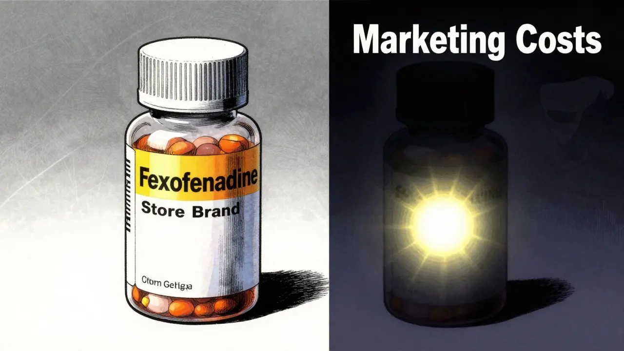 Comparison of generic vs brand name allergy pills showing equal effectiveness.