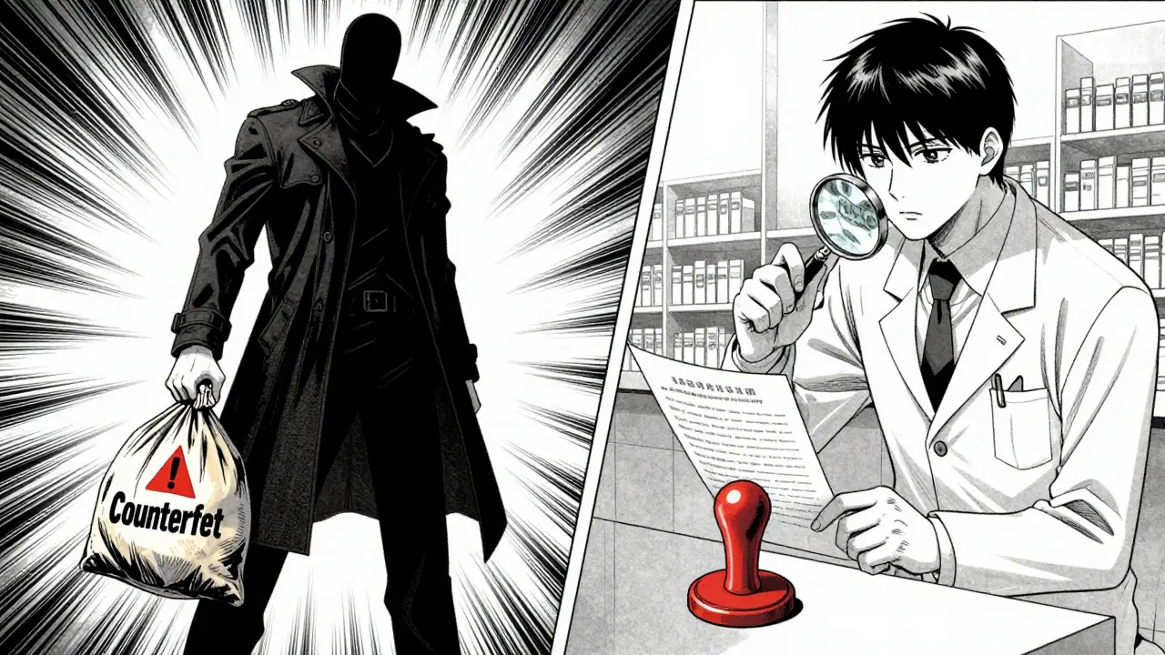 Contrast between dangerous counterfeit sellers and verified pharmacists in a high-contrast manga panel.