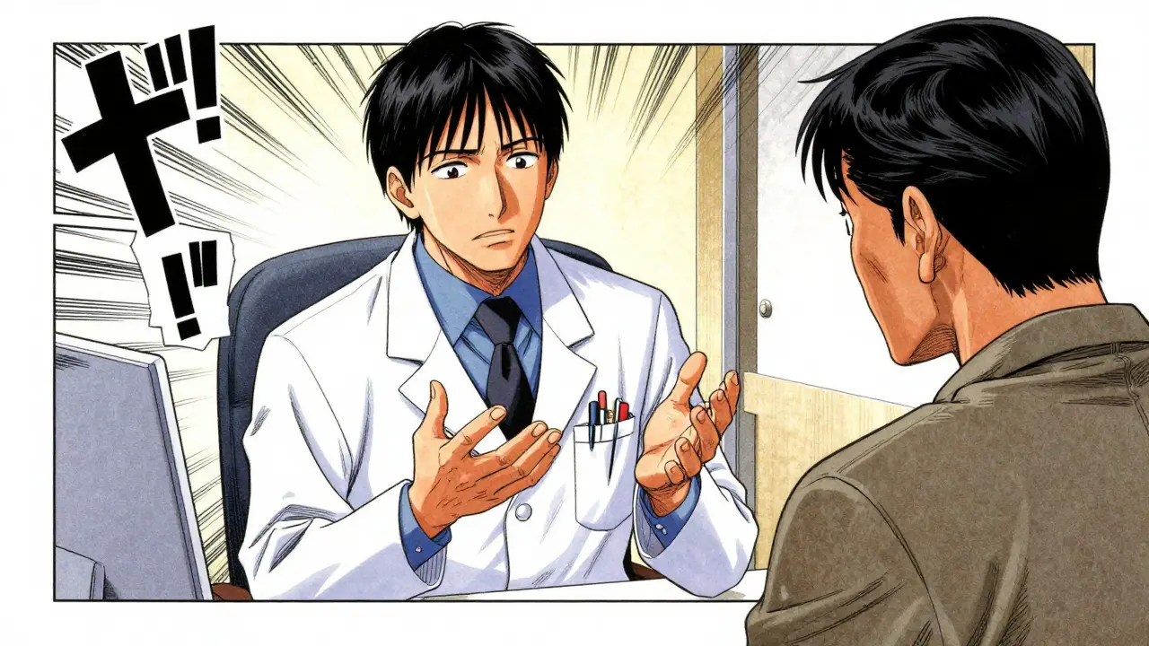 Doctor explaining med change to worried patient