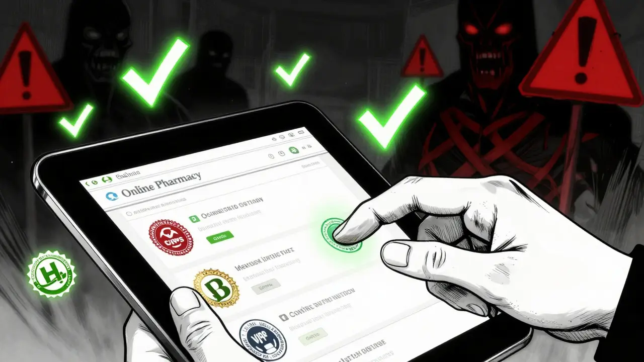 Manga scene highlighting safe online pharmacy verification vs dangerous scams