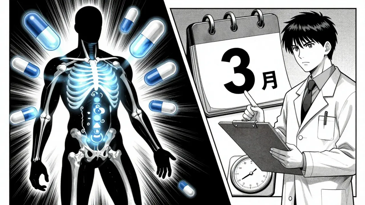 Medical illustration of steroid effects on bones and metabolism over time