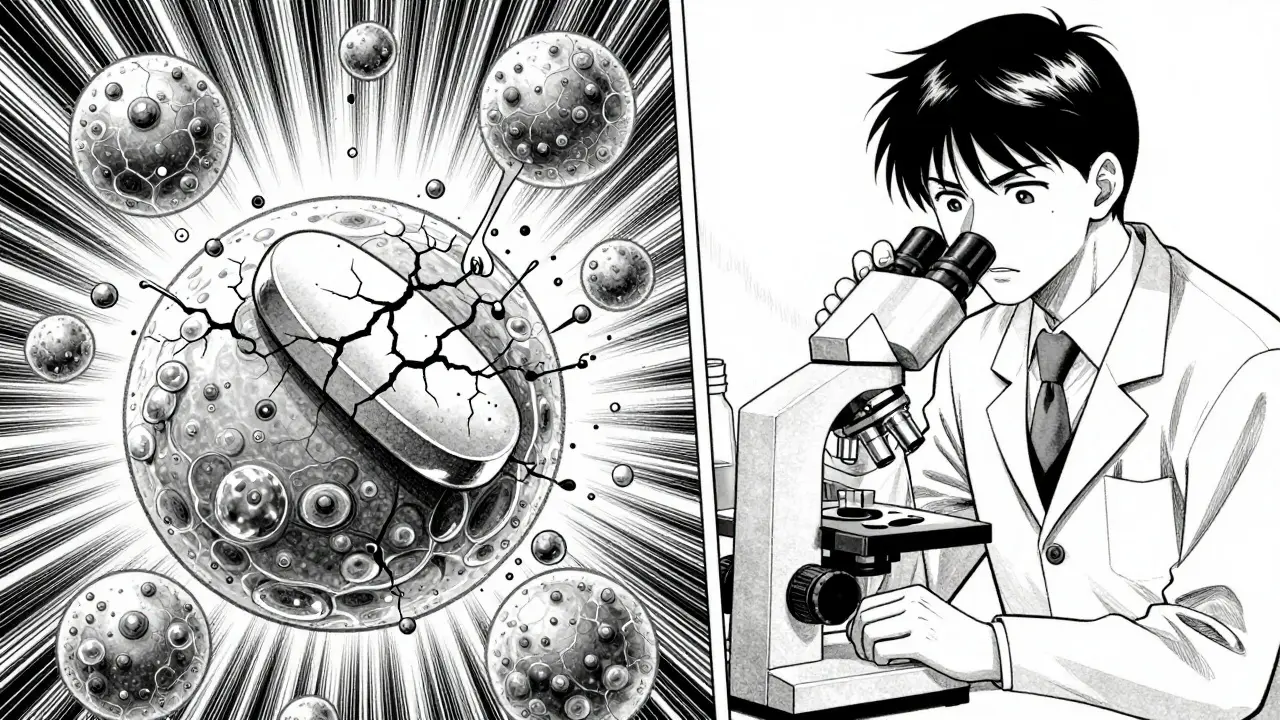 Microscopic view of water damaging a pill structure alongside a concerned pharmacist.