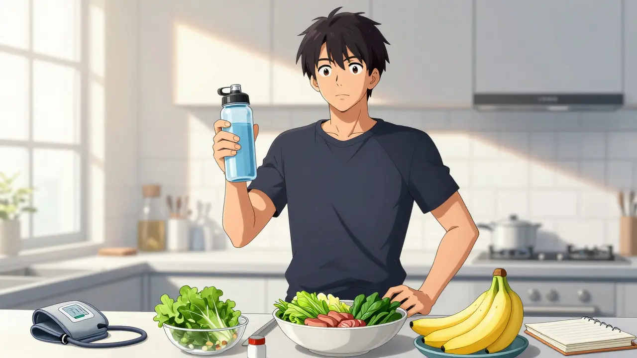 Patient preparing healthy low-sodium meal with supplements and fruits