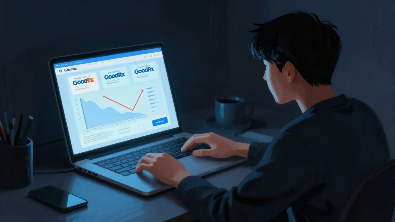 Person finding cheap medication deals online via laptop in Gekiga style