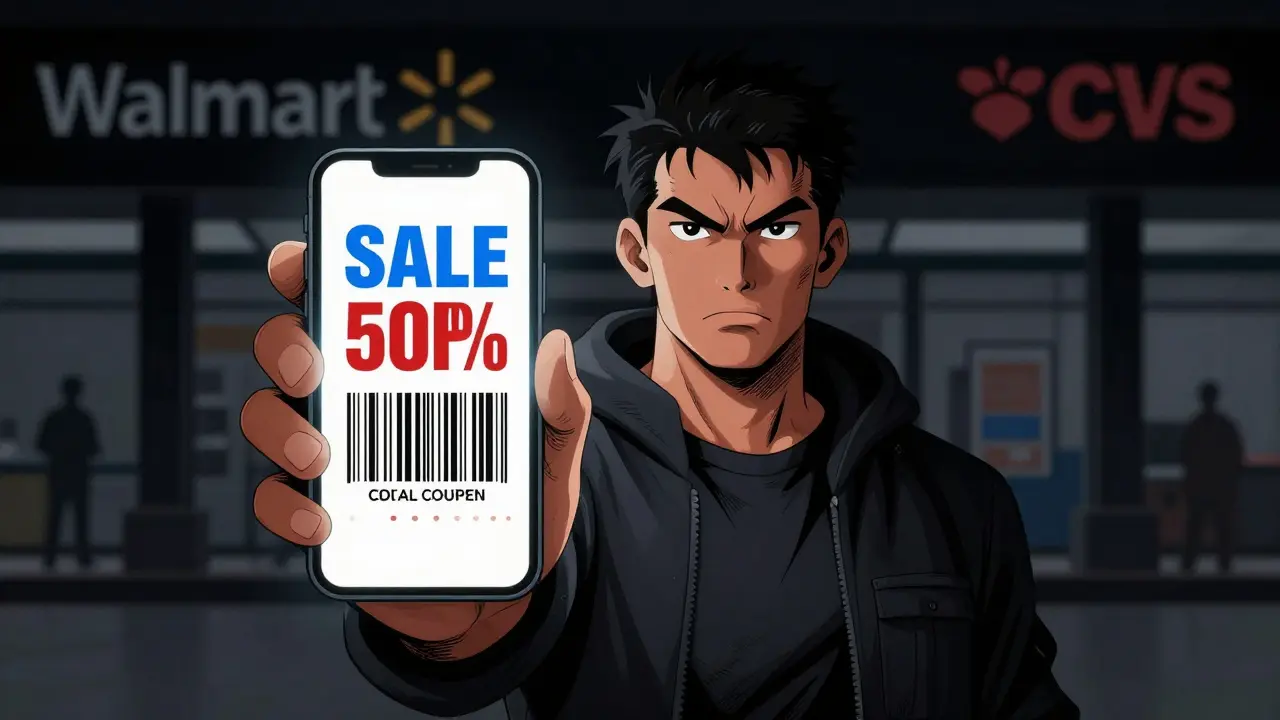 Person using smartphone discount coupon for pharmacy savings in anime style.