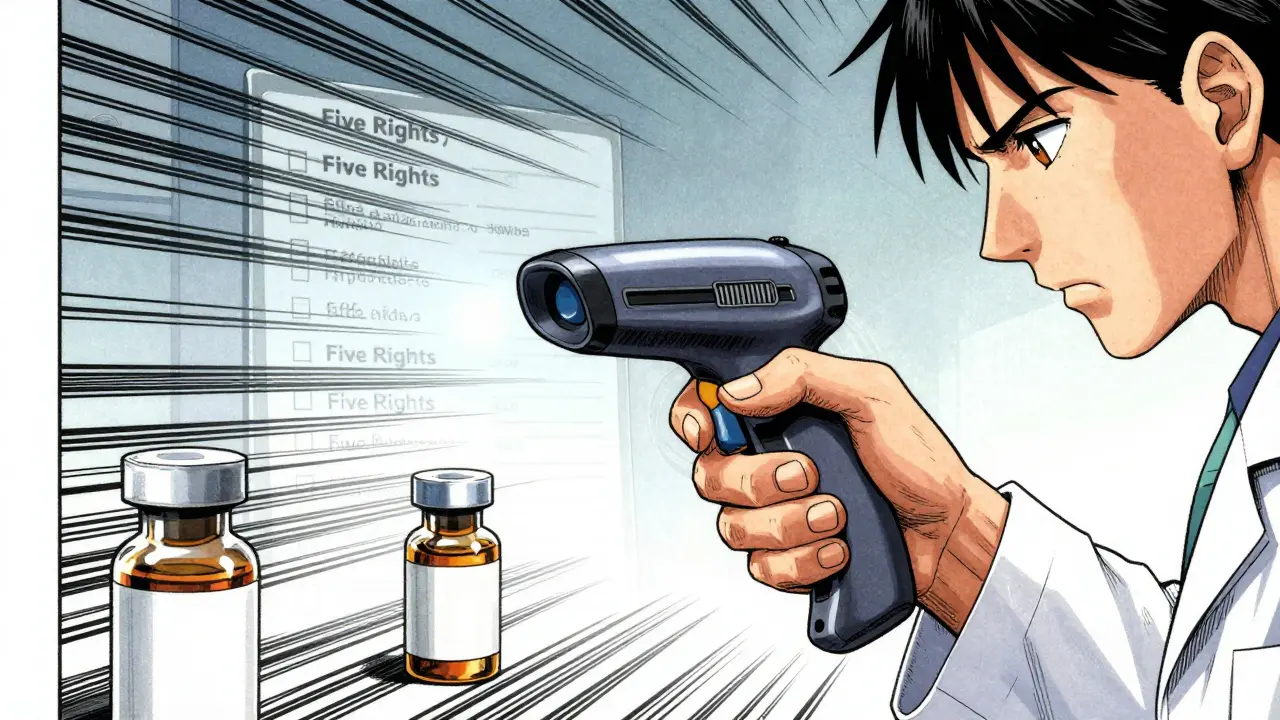 Pharmacist scanning medication barcode with intense focus