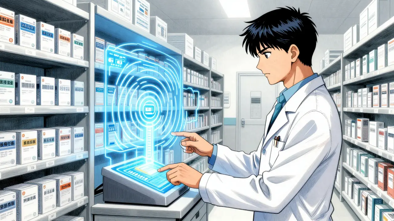 Pharmacist using RFID smart cabinet with glowing tech effects