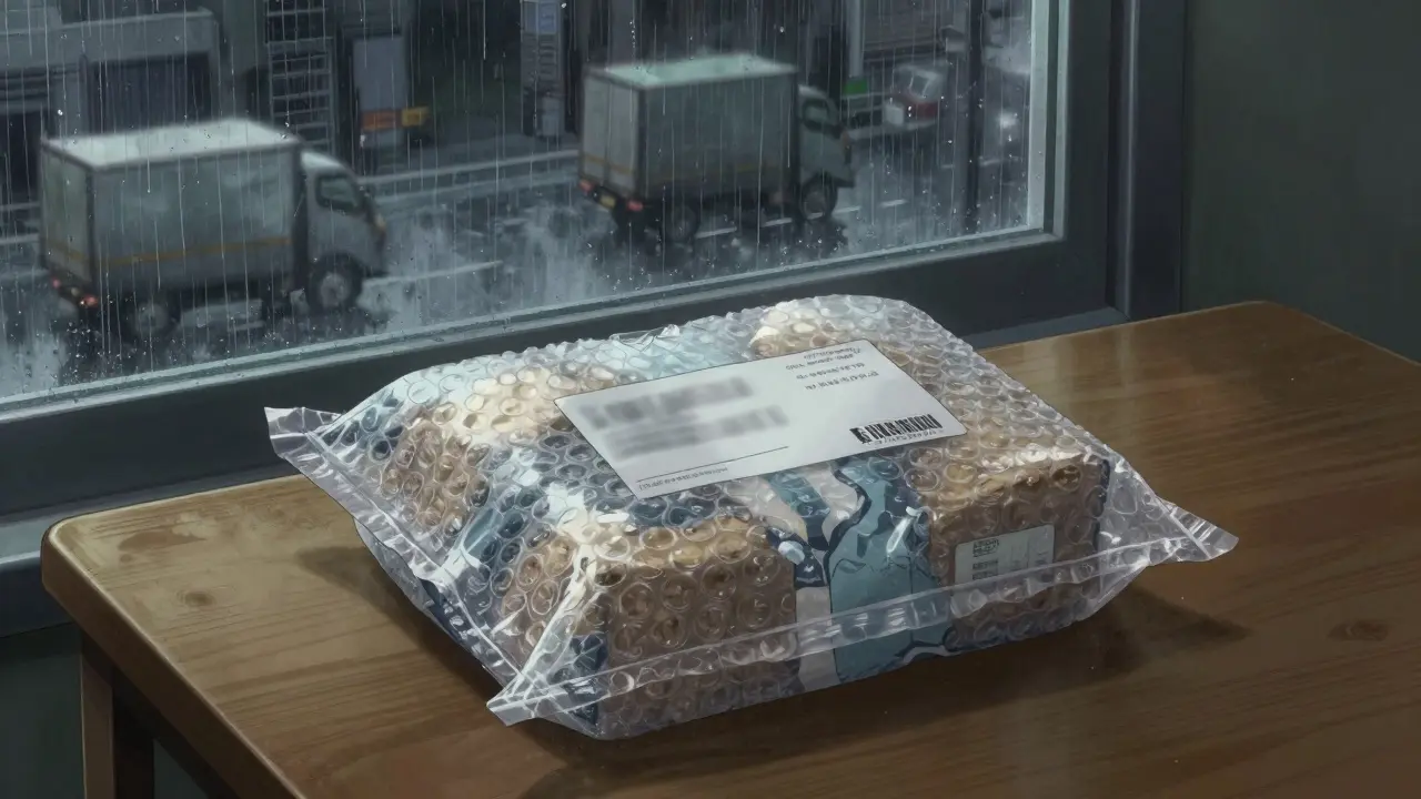 Sealed medication package on a table with a rainy city view, illustrating shipping logistics in Gekiga style.
