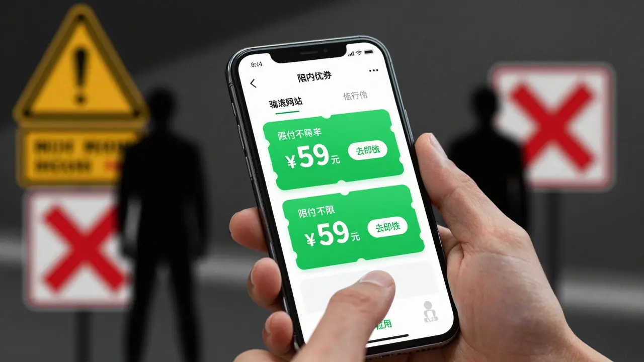 Smartphone showing discount coupons amidst scam warnings