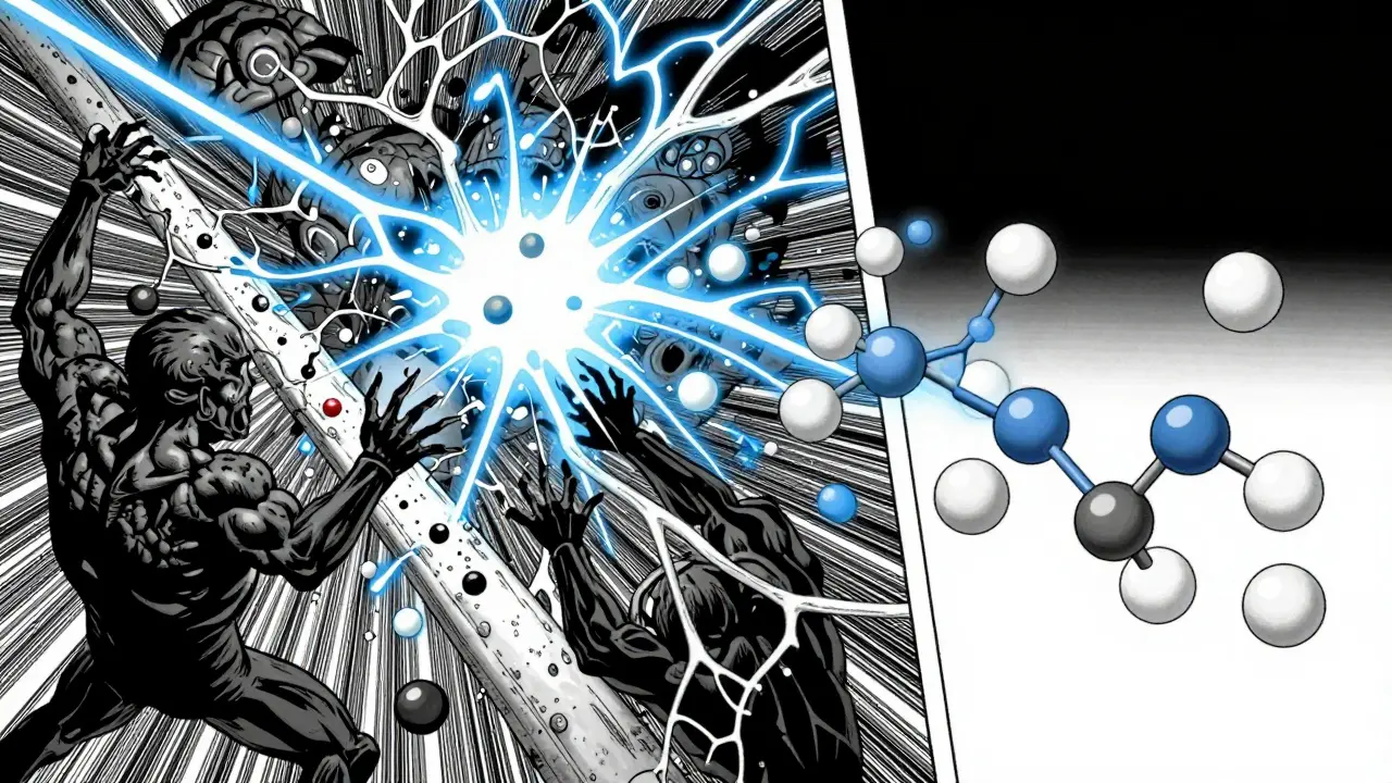 Stylized view of harmful drug molecules breaching the brain barrier while safe ones bounce off.