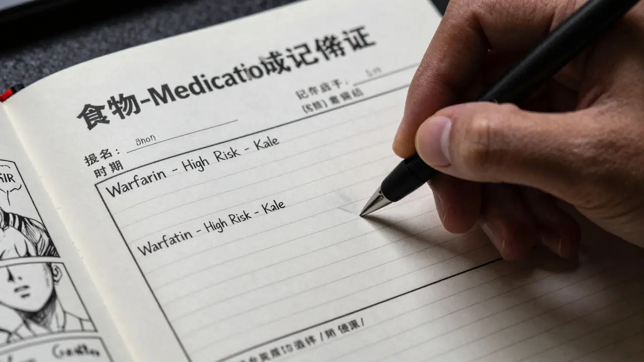 Close-up Gekiga manga illustration of a detailed food-medication checklist being written, highlighting the precision required for safety, with moody lighting and sharp lines.