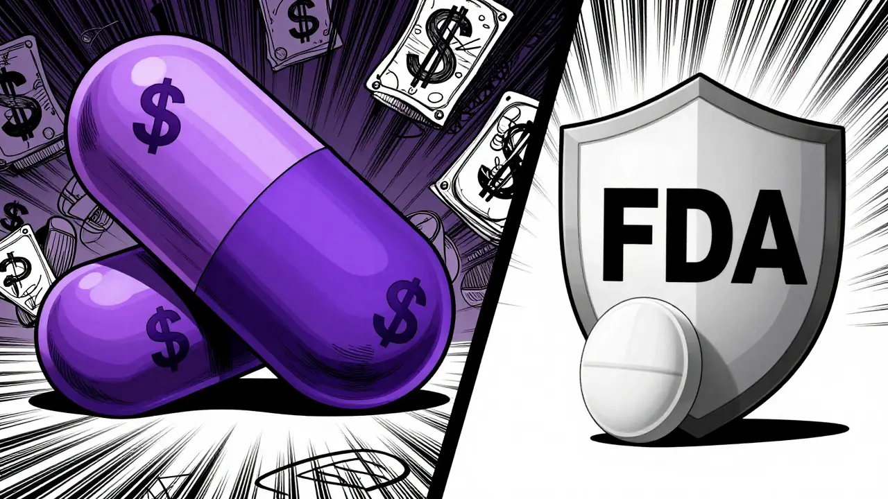 Generic white pill shielded against large purple brand-name pill threat