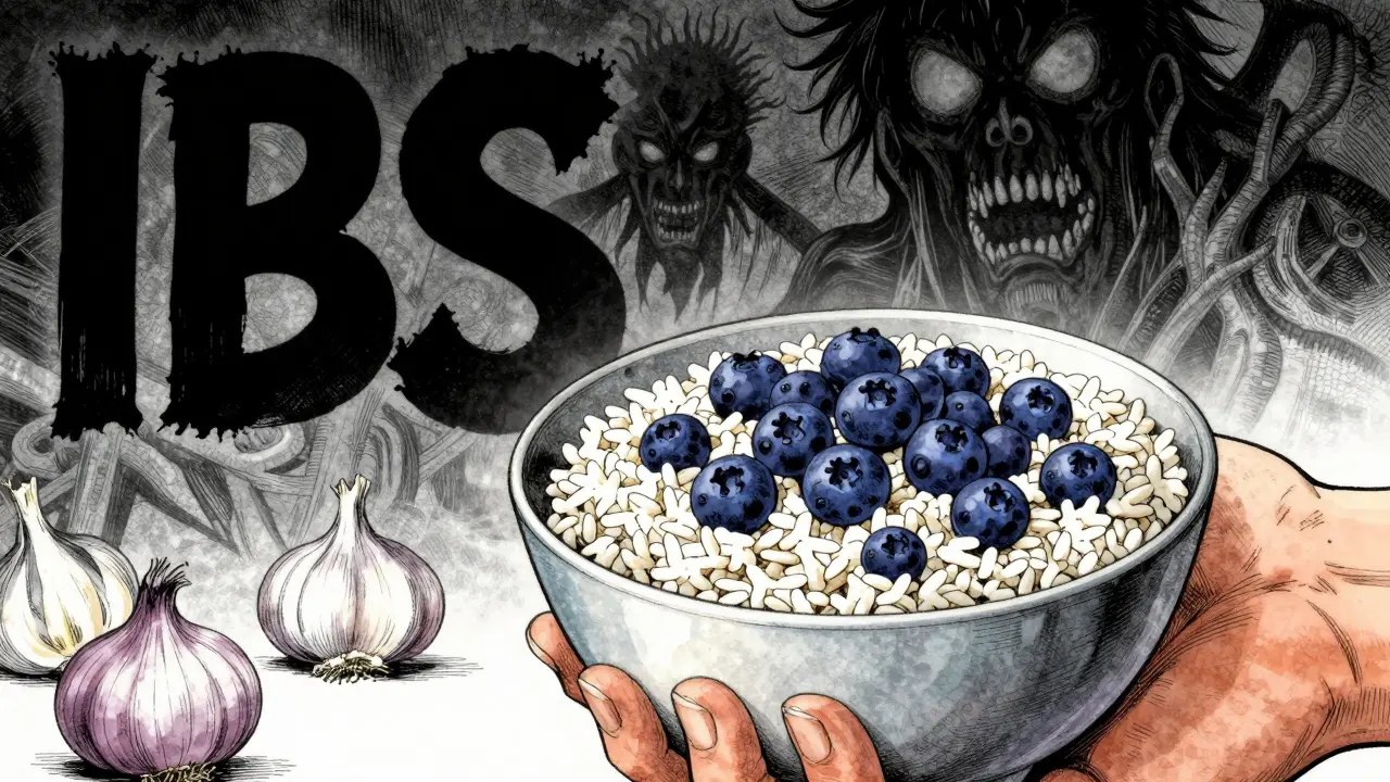 Hand holding healthy low-FODMAP food bowl with dark shadows of trigger foods in Gekiga manga art.