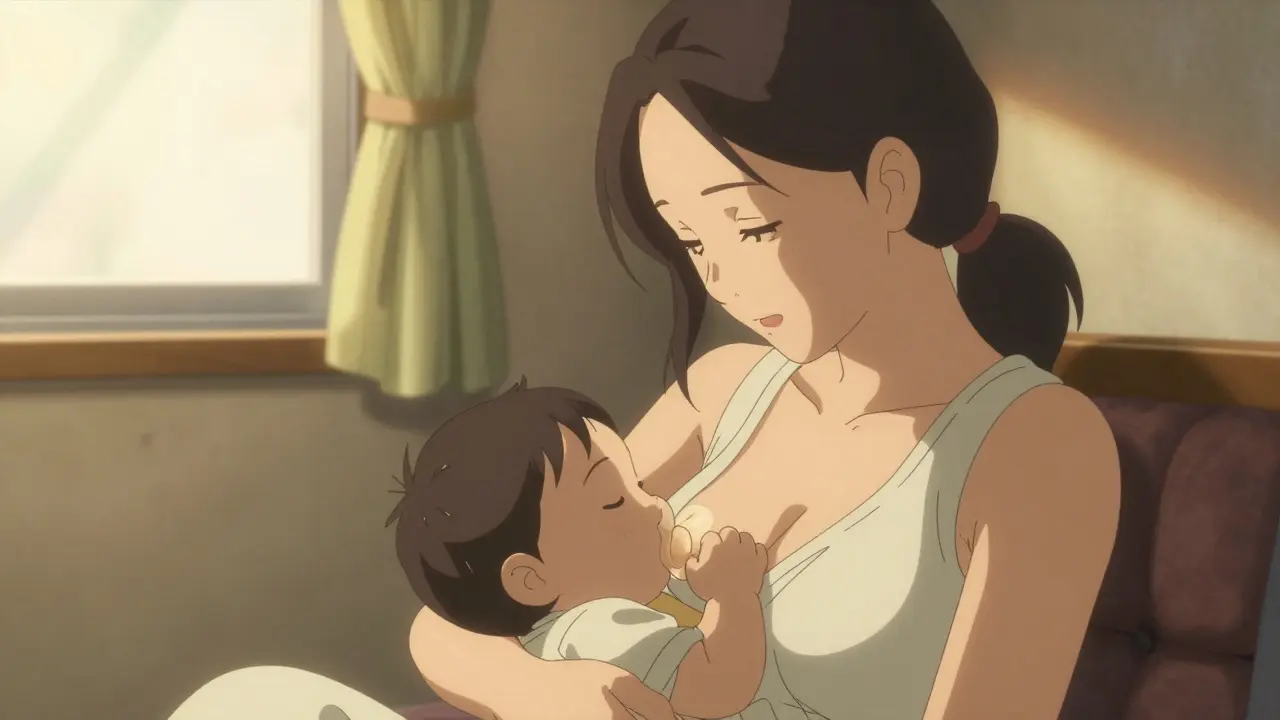 Happy mother and baby bonding in warm sunlight