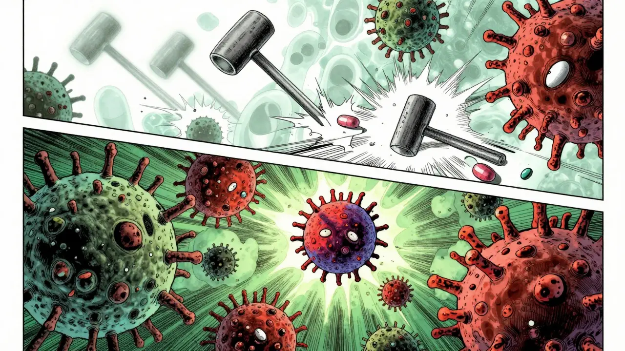 Microscopic view of bacteria resisting blunt-force antibiotic treatments