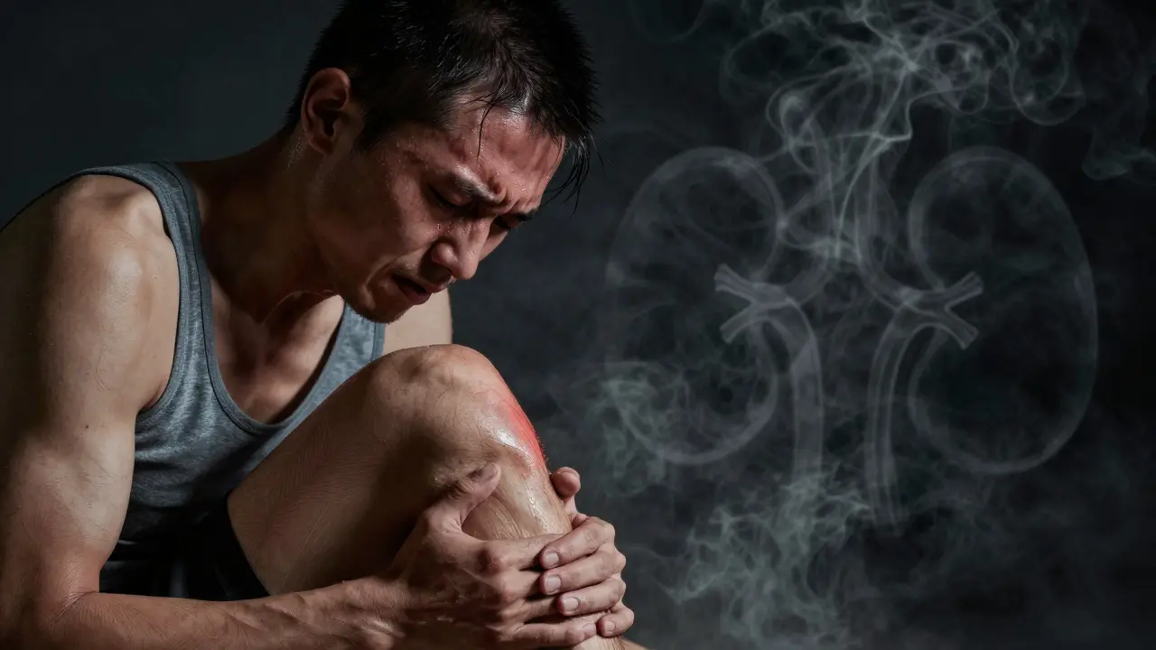 Patient clutching leg in pain with dark background smoke