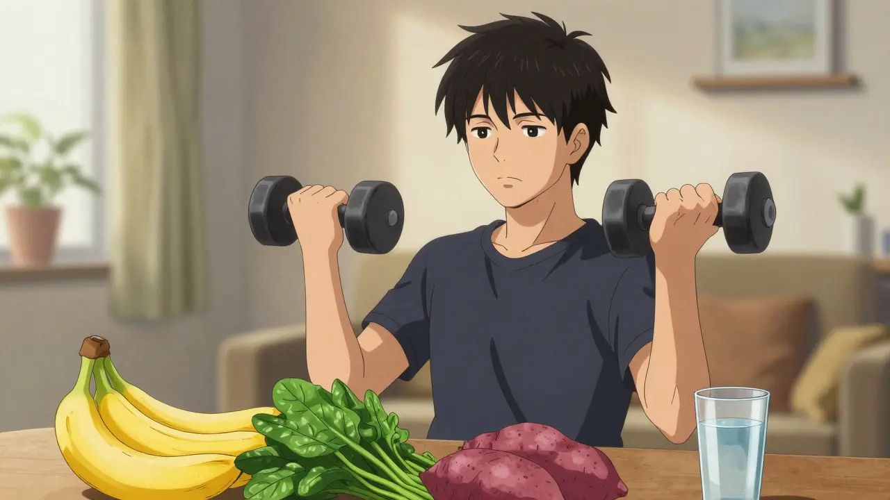 Person doing gentle exercise with healthy food nearby