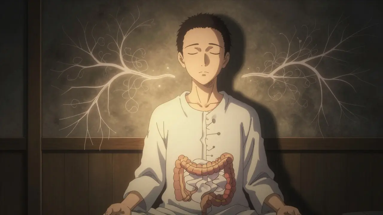 Person meditating with calming light and neural visuals representing hypnotherapy in Gekiga style.