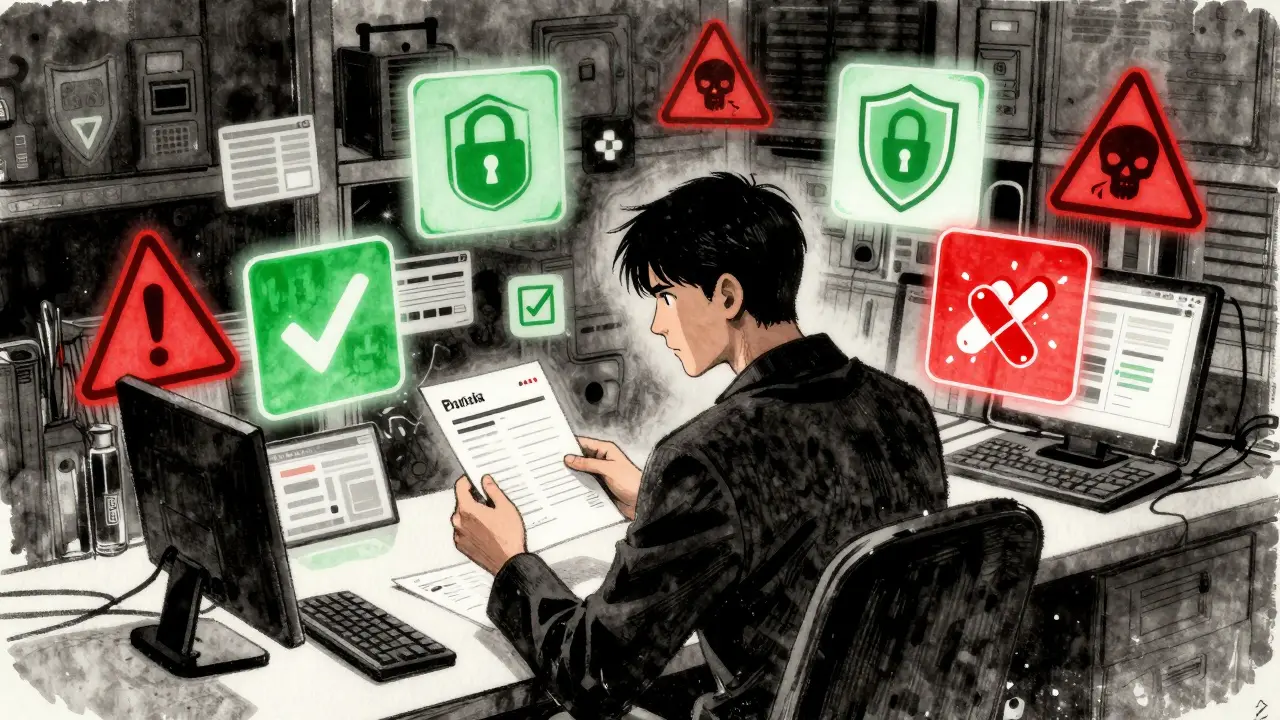 Person reviewing secure pharmacy options with safety icons and warnings