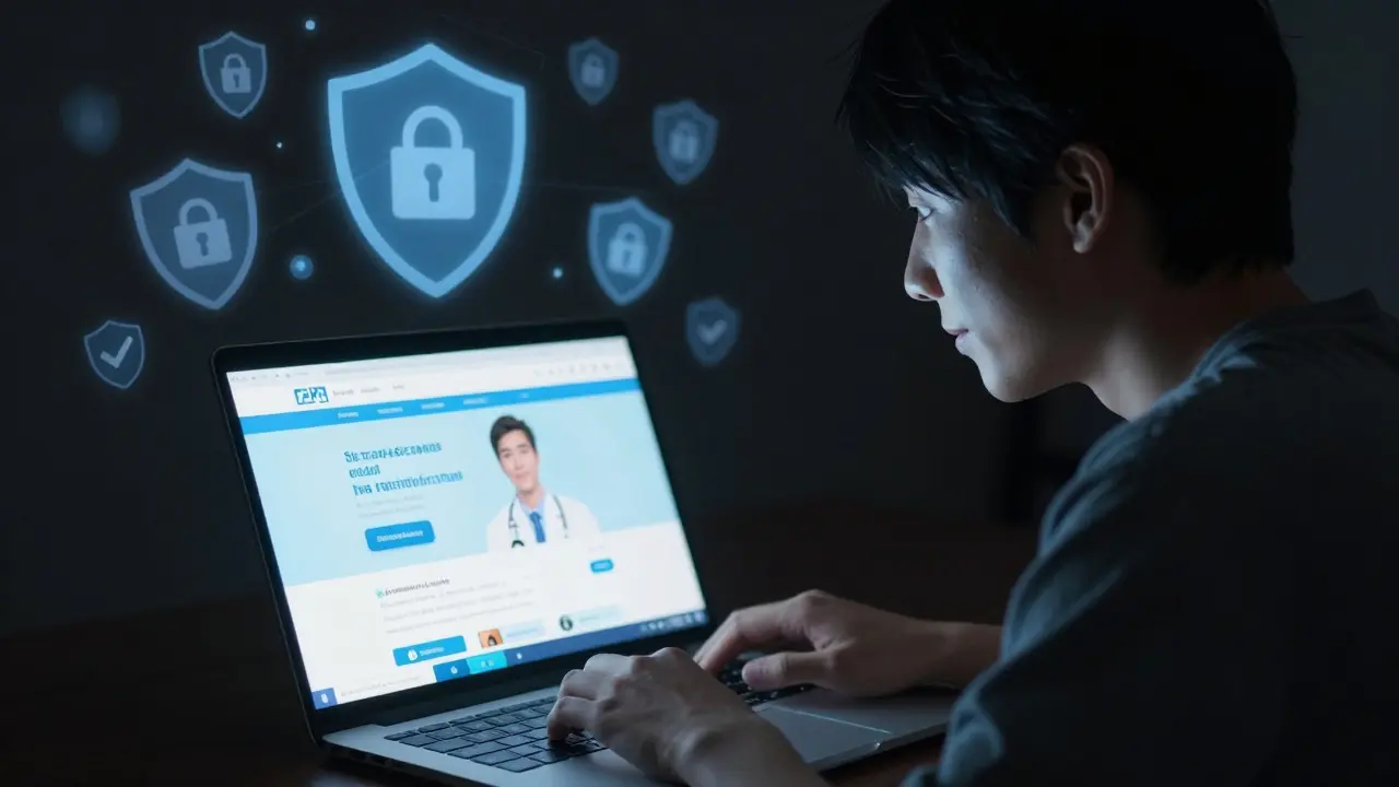 Person securely buying allergy meds online via laptop