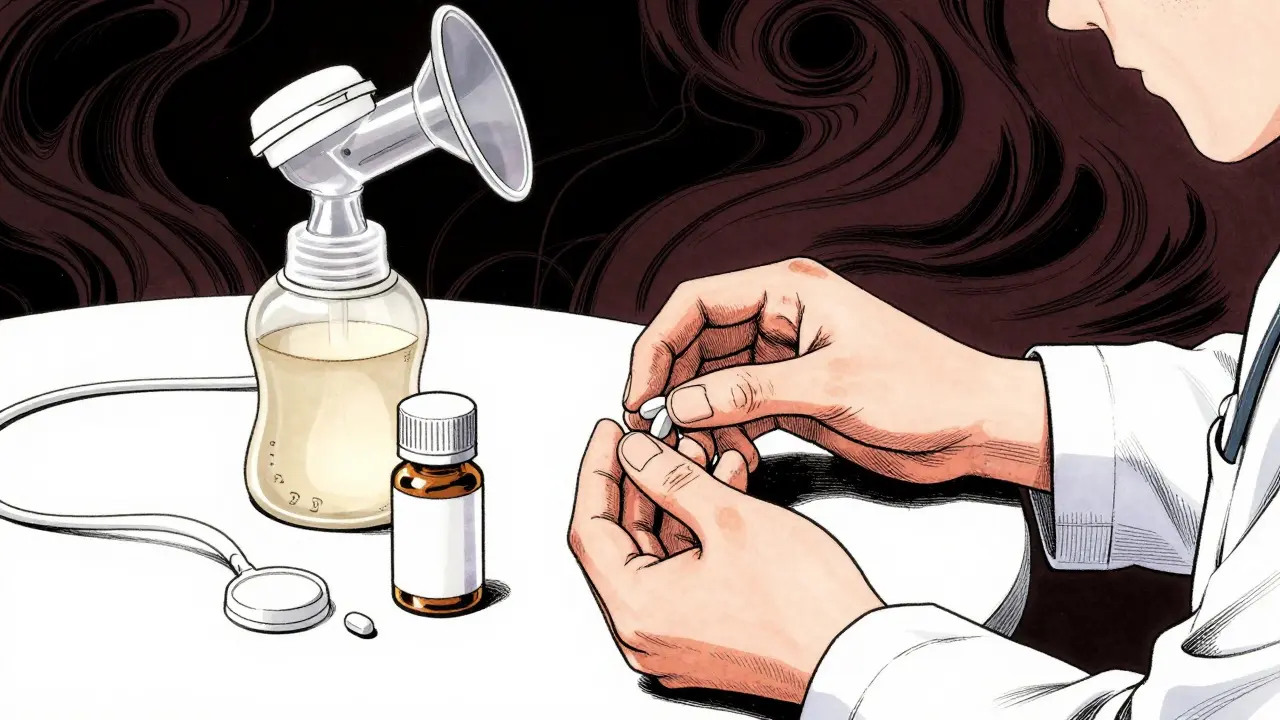 Pill bottle and breast pump on table with dramatic lighting