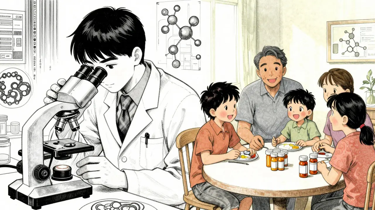 Scientist developing biosimilars while a family enjoys affordable care