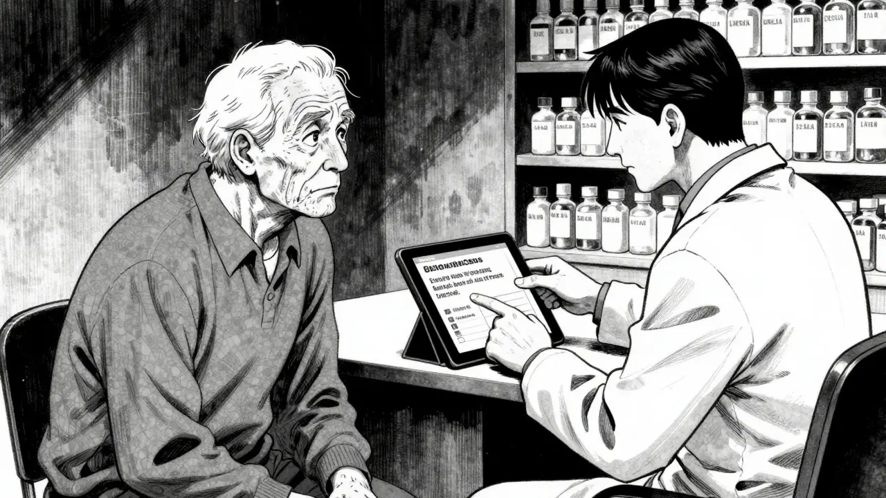 Serious Gekiga manga scene of a pharmacist reviewing digital interaction data with an elderly patient, emphasizing professional guidance and safety in a dramatic, high-contrast setting.