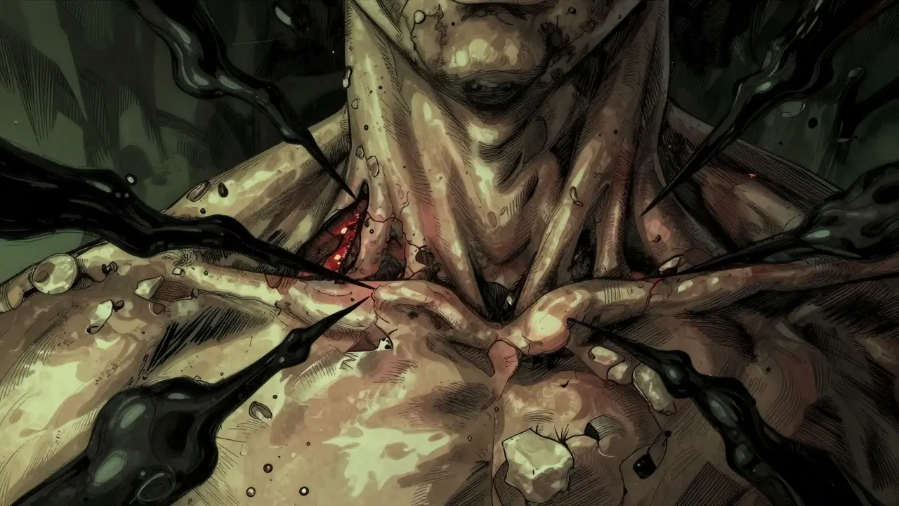 Stylized depiction of severe skin reaction and immune attack